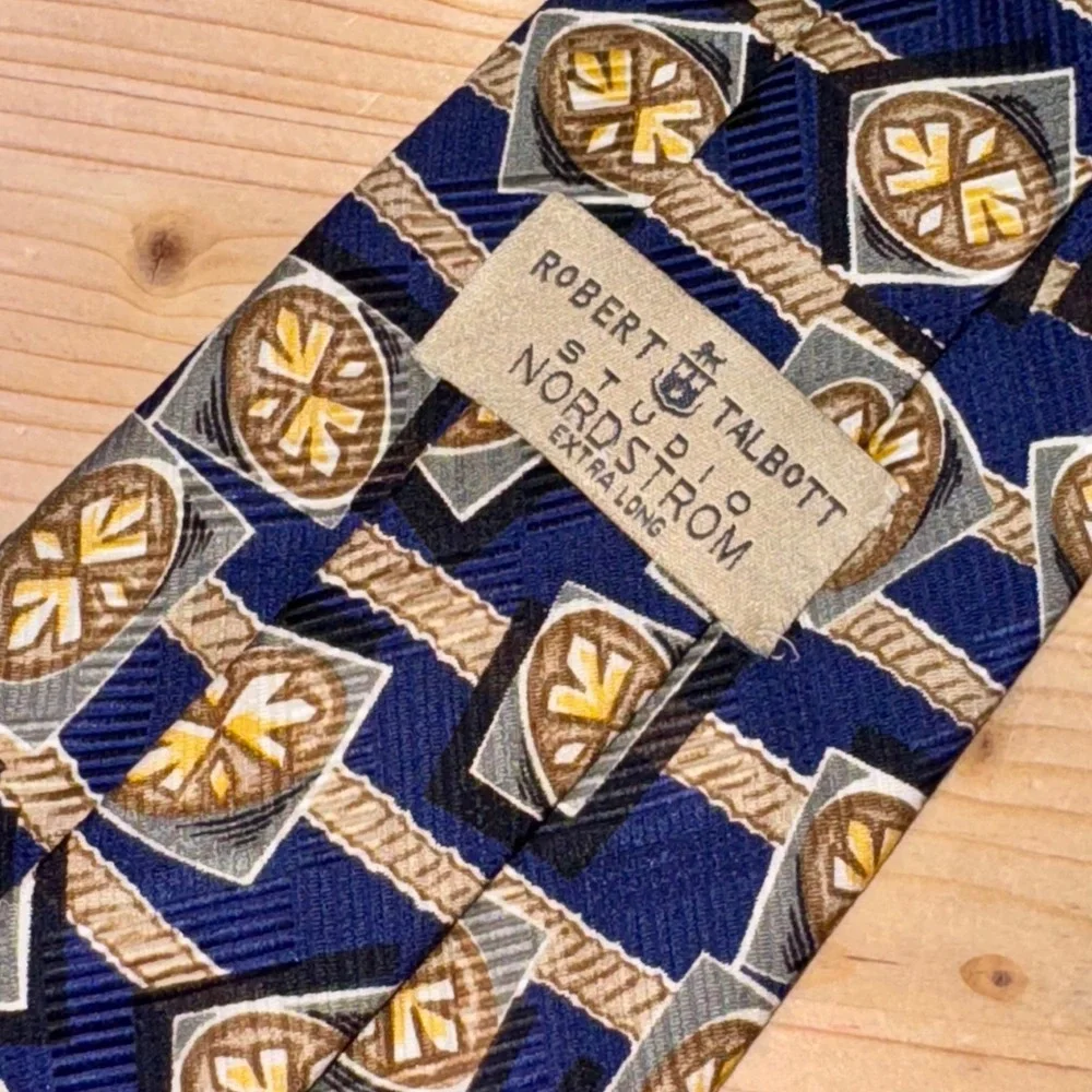 Robert Talbott Studio Nordstrom Extra Long‎ Silk Tie Blue Gold Geometric USA